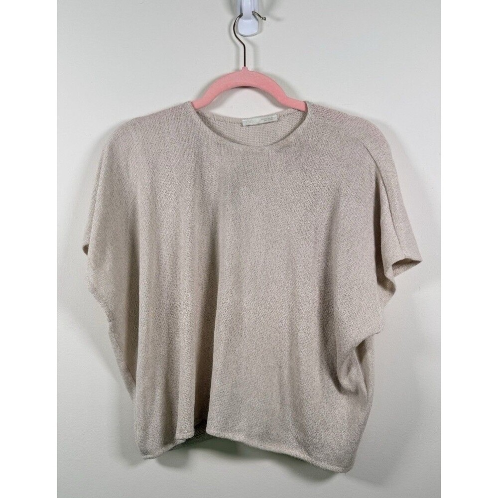 ZARA Womens Beige Solid Knit Short Sleeve Crew Neck Pullover Sweater - Small